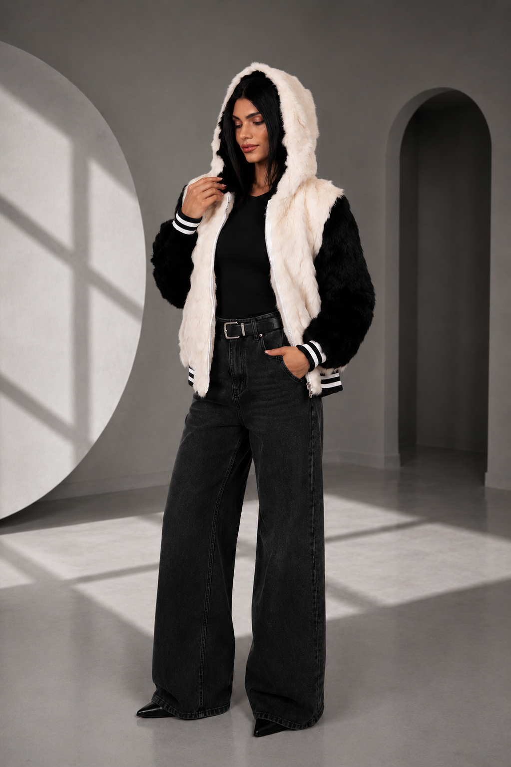 019DA9A2-B4AF-4298-97A6-6B0E52C2048E BLACK AND WHITE REX RABBIT FUR JACKET - Image 1