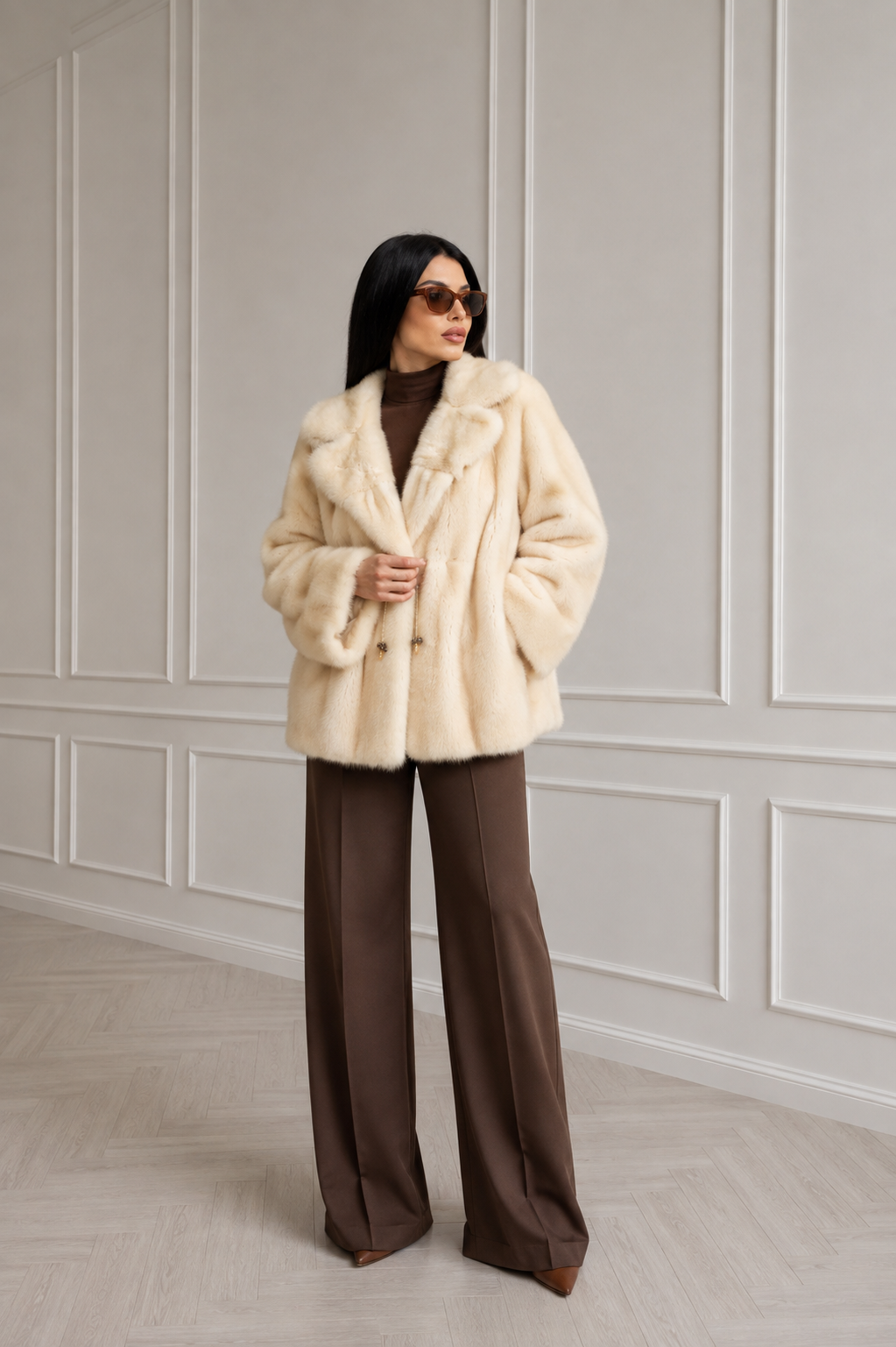 221A3C54-AC38-4A6B-B8B0-2509665464D7 CREAM MINK JACKET WITH A HOOD - Image 1