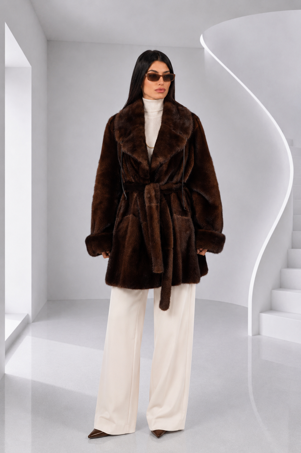 5F75777B-DD1A-42CA-BE80-7F7EDD40B9F8 BELTED BROWN MINK FUR JACKET - Image 1