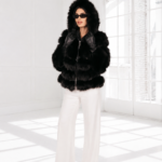 SHORT BLACK FOX FUR JACKET WITH A HOOD