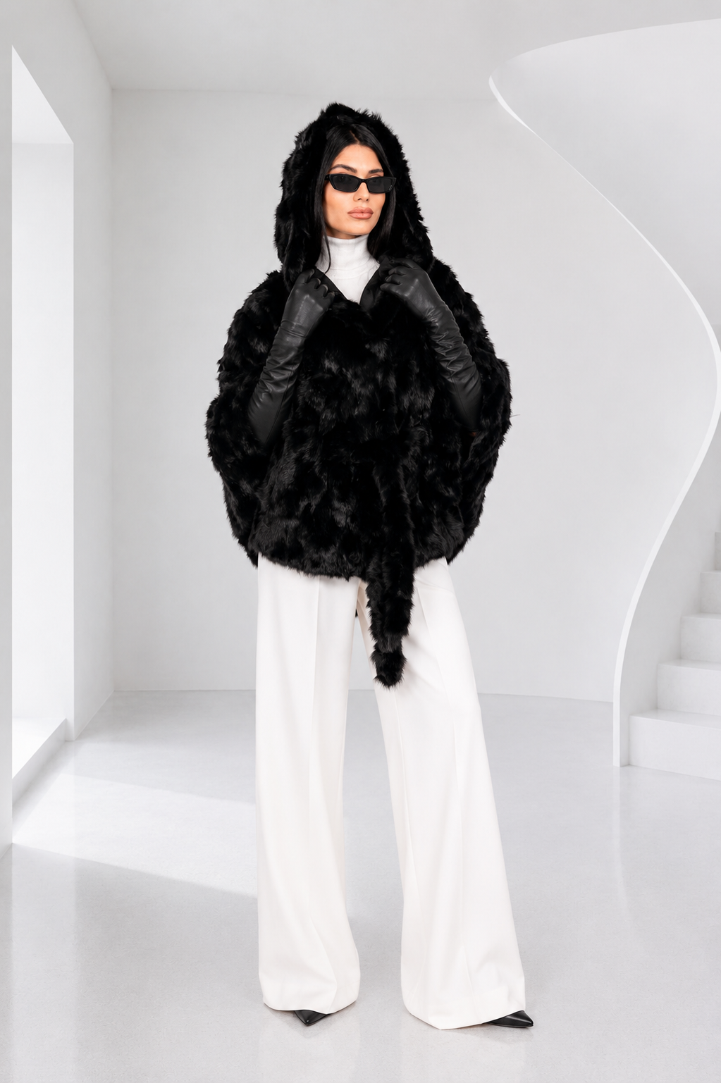 A5D533C9-8495-424C-94D2-6FF54217F142 BLACK MINK FUR CAPE WITH HOOD - Image 1