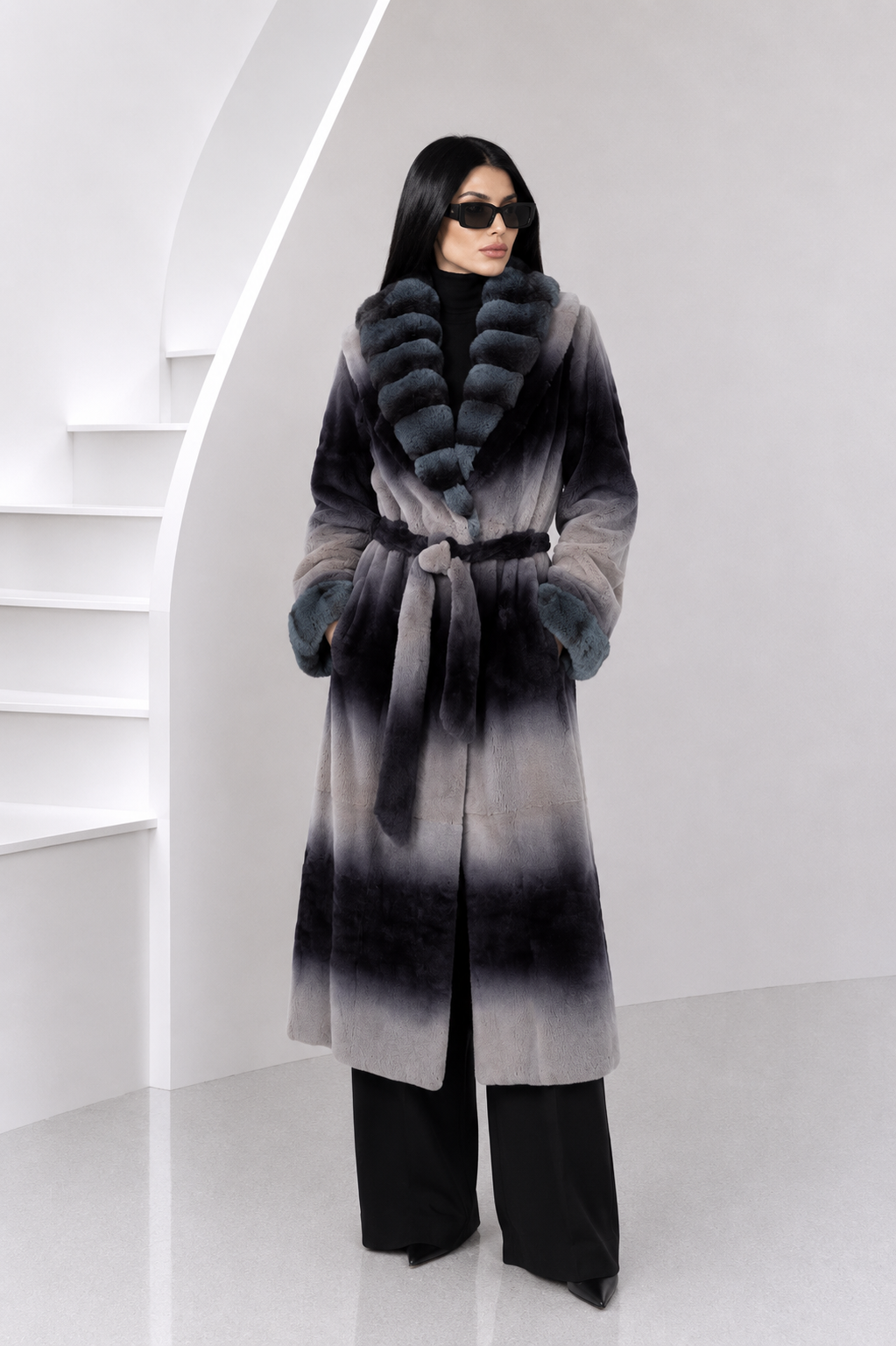 AA31AD03-C162-4194-BE06-F215BDE4AACF FULL LENGTH BLUE AND GREY BELTED MINK AND CHINCHILLA FUR JACKET - Image 1