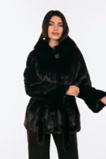 BLACK BELTED MINK FUR WITH A HOOD - Image 5