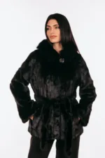 BLACK BELTED MINK FUR WITH A HOOD - Image 4