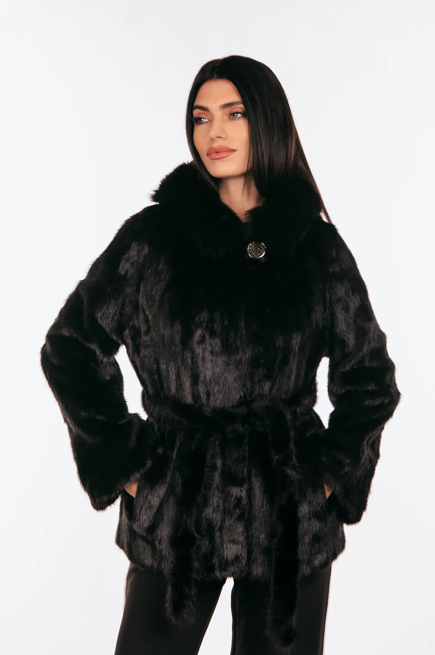 BLACK BELTED MINK FUR WITH A HOOD - Image 4