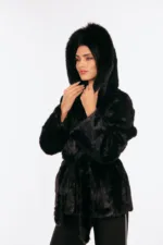 BLACK BELTED MINK FUR WITH A HOOD - Image 3