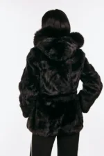 BLACK BELTED MINK FUR WITH A HOOD - Image 2
