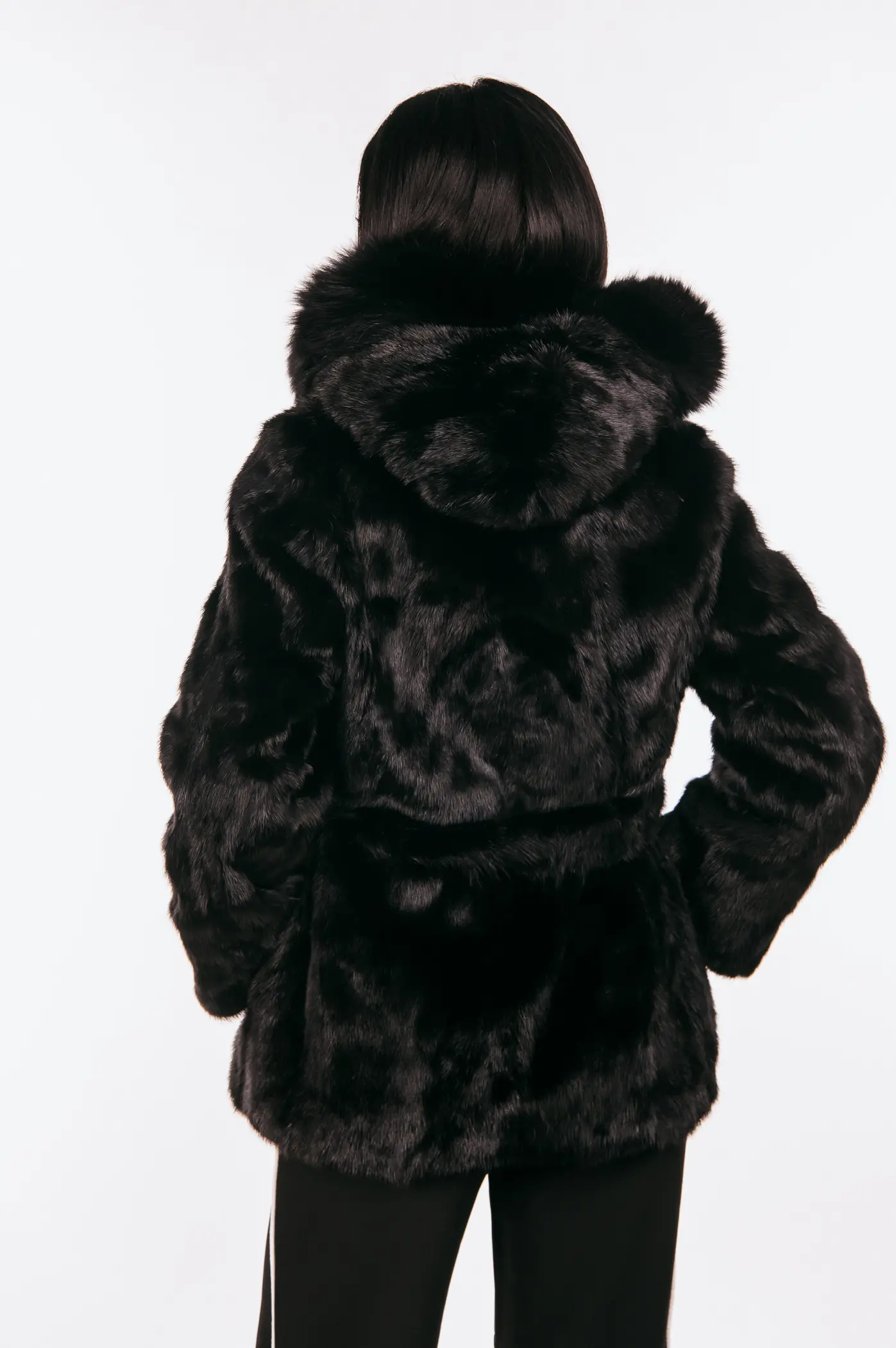 BLACK BELTED MINK FUR WITH A HOOD - Image 2