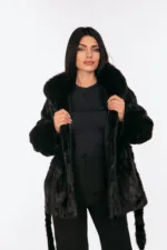 BLACK BELTED MINK FUR WITH A HOOD - Image 8