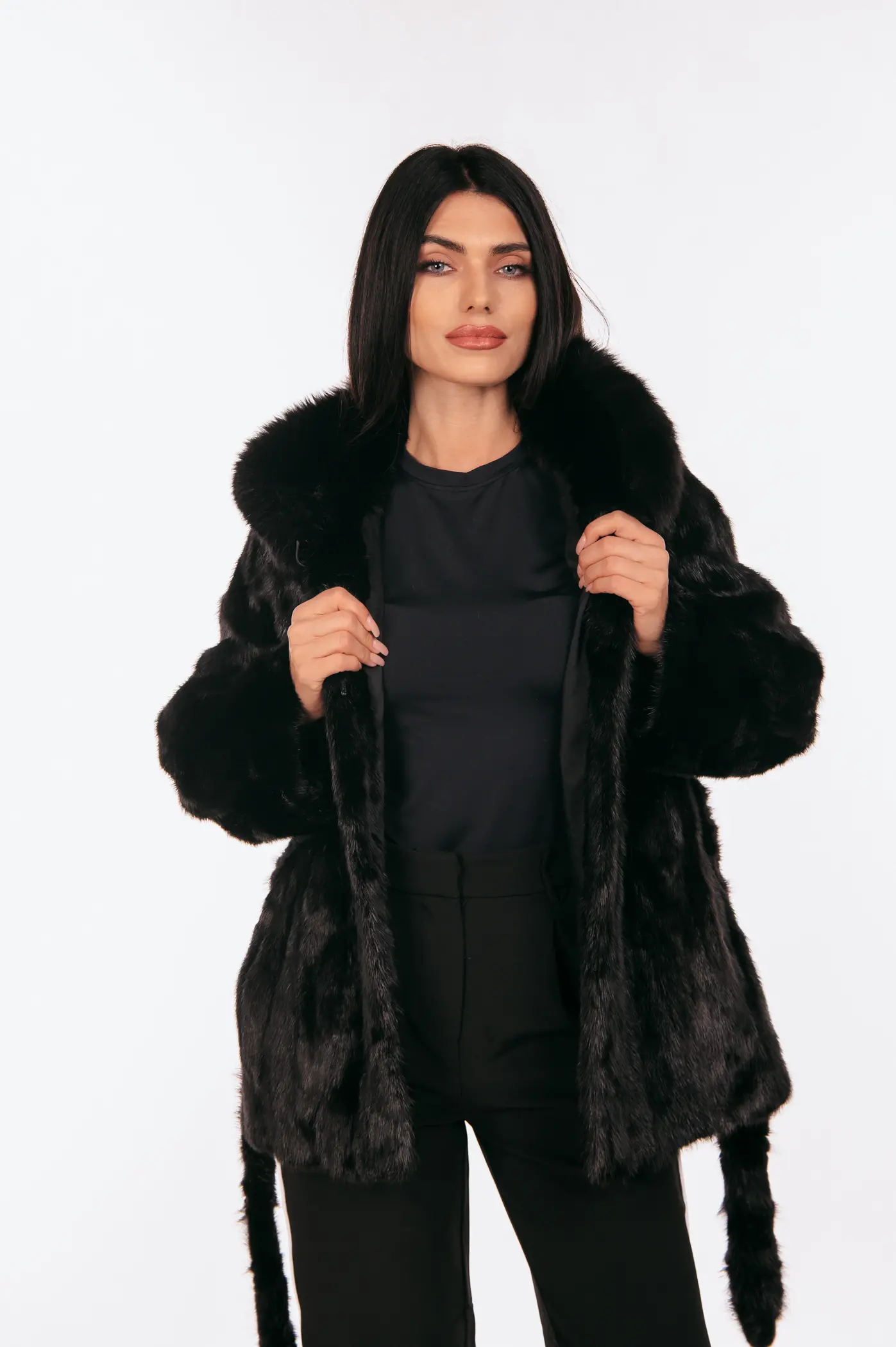 BLACK BELTED MINK FUR WITH A HOOD - Image 8