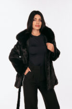 BLACK BELTED MINK FUR WITH A HOOD