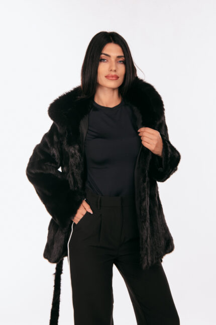 BLACK BELTED MINK FUR WITH A HOOD