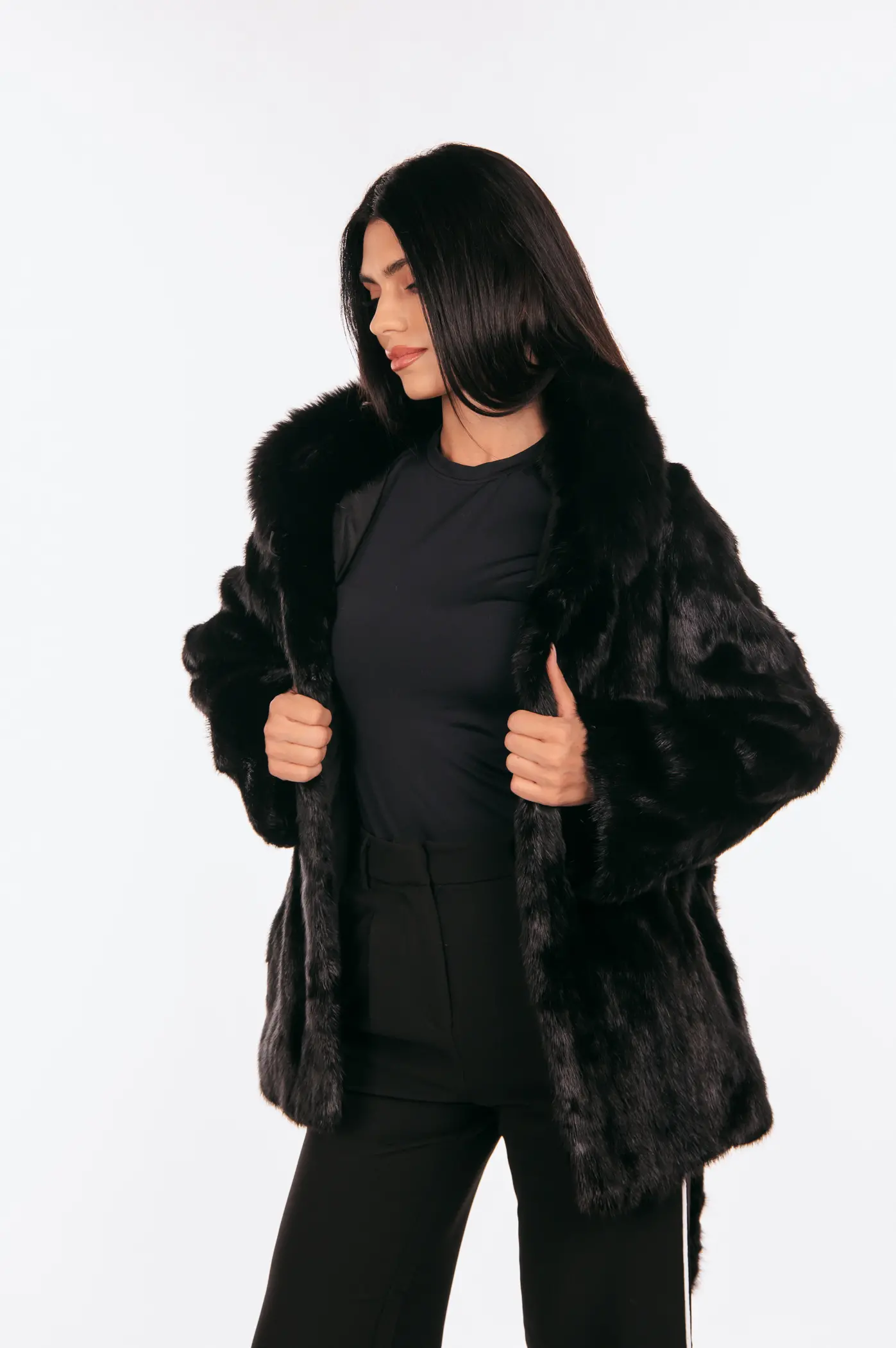 BLACK BELTED MINK FUR WITH A HOOD - Image 6