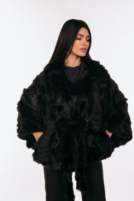 BLACK MINK FUR CAPE WITH HOOD