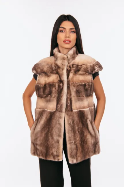 Γούνινο γιλέκο μινκ σε παλαινό και σκούρο καφέ χρώμα