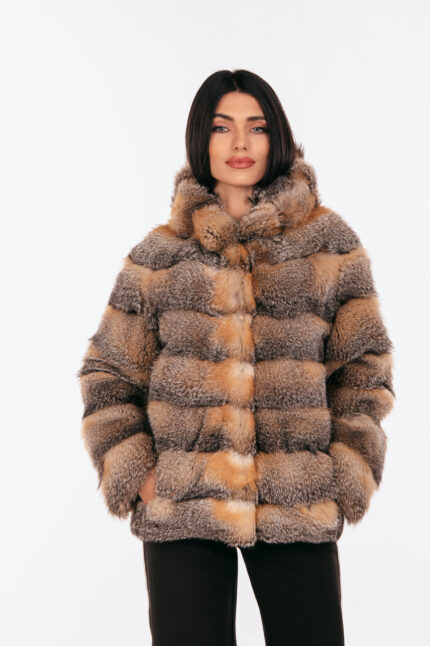RED AND SILVER FOX FUR JACKET WITH HOOD