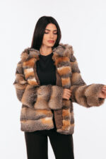 RED AND SILVER FOX FUR JACKET WITH HOOD