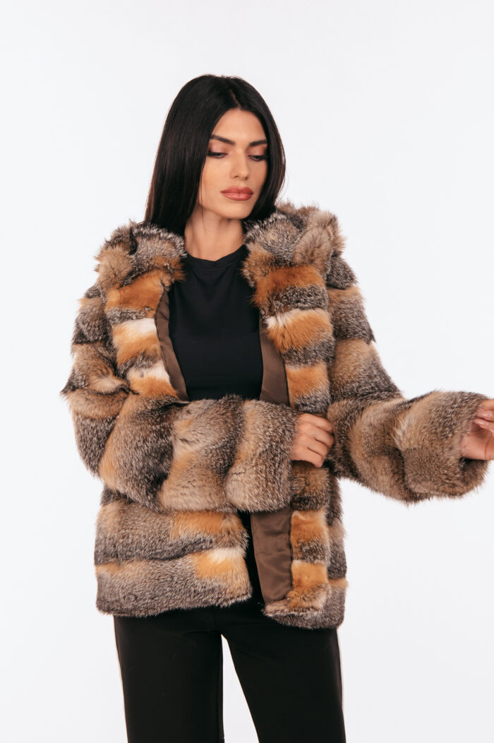 RED AND SILVER FOX FUR JACKET WITH HOOD