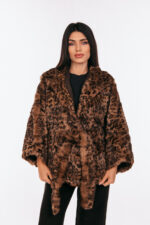 Ετόλ από γούνα Rex κουνελιού με animal print και ζώνη, με κουκούλα.