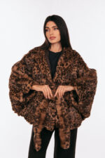 Ετόλ από γούνα Rex κουνελιού με animal print και ζώνη, με κουκούλα. - Image 2