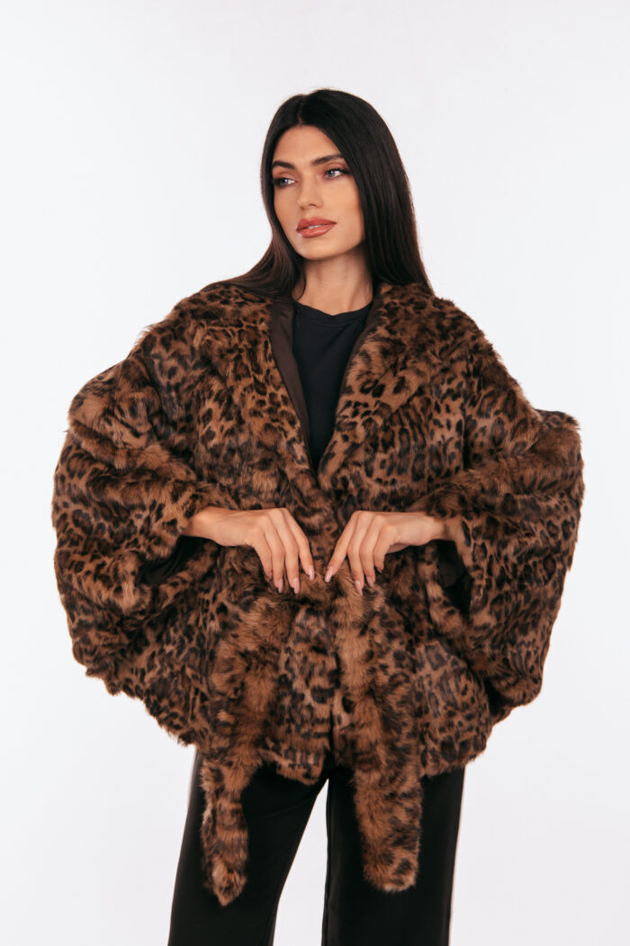 Ετόλ από γούνα Rex κουνελιού με animal print και ζώνη, με κουκούλα. - Image 2