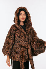 Ετόλ από γούνα Rex κουνελιού με animal print και ζώνη, με κουκούλα. - Image 3
