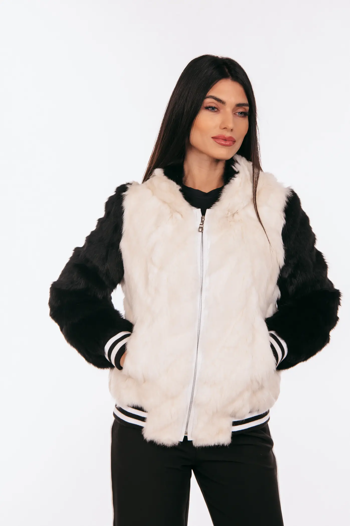 BLACK AND WHITE REX RABBIT FUR JACKET - Image 2