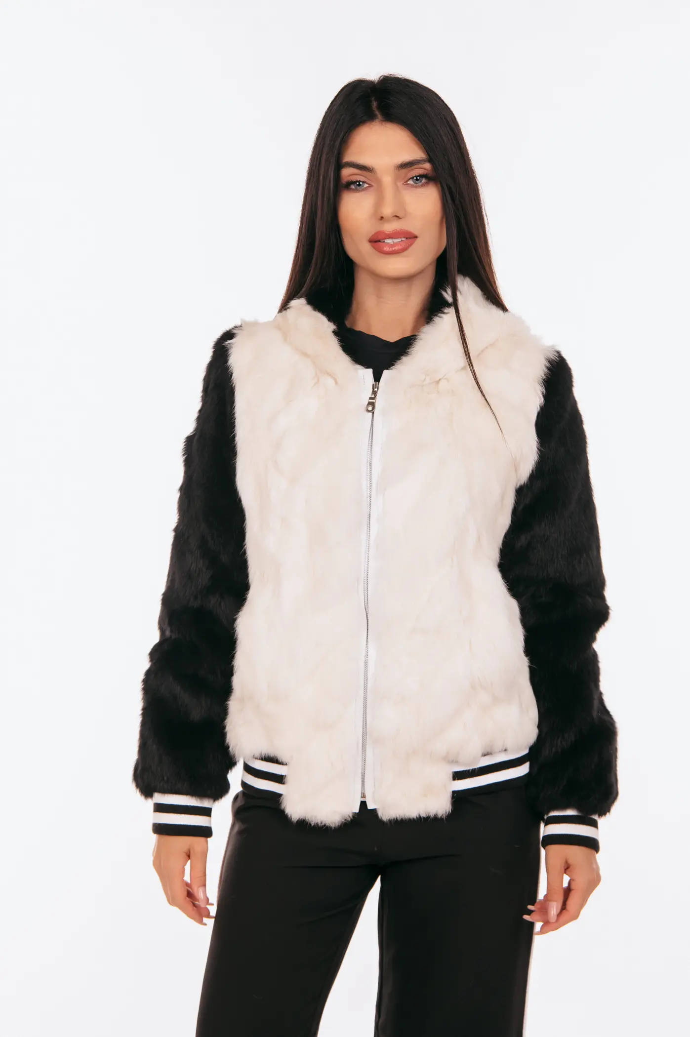 BLACK AND WHITE REX RABBIT FUR JACKET - Image 1