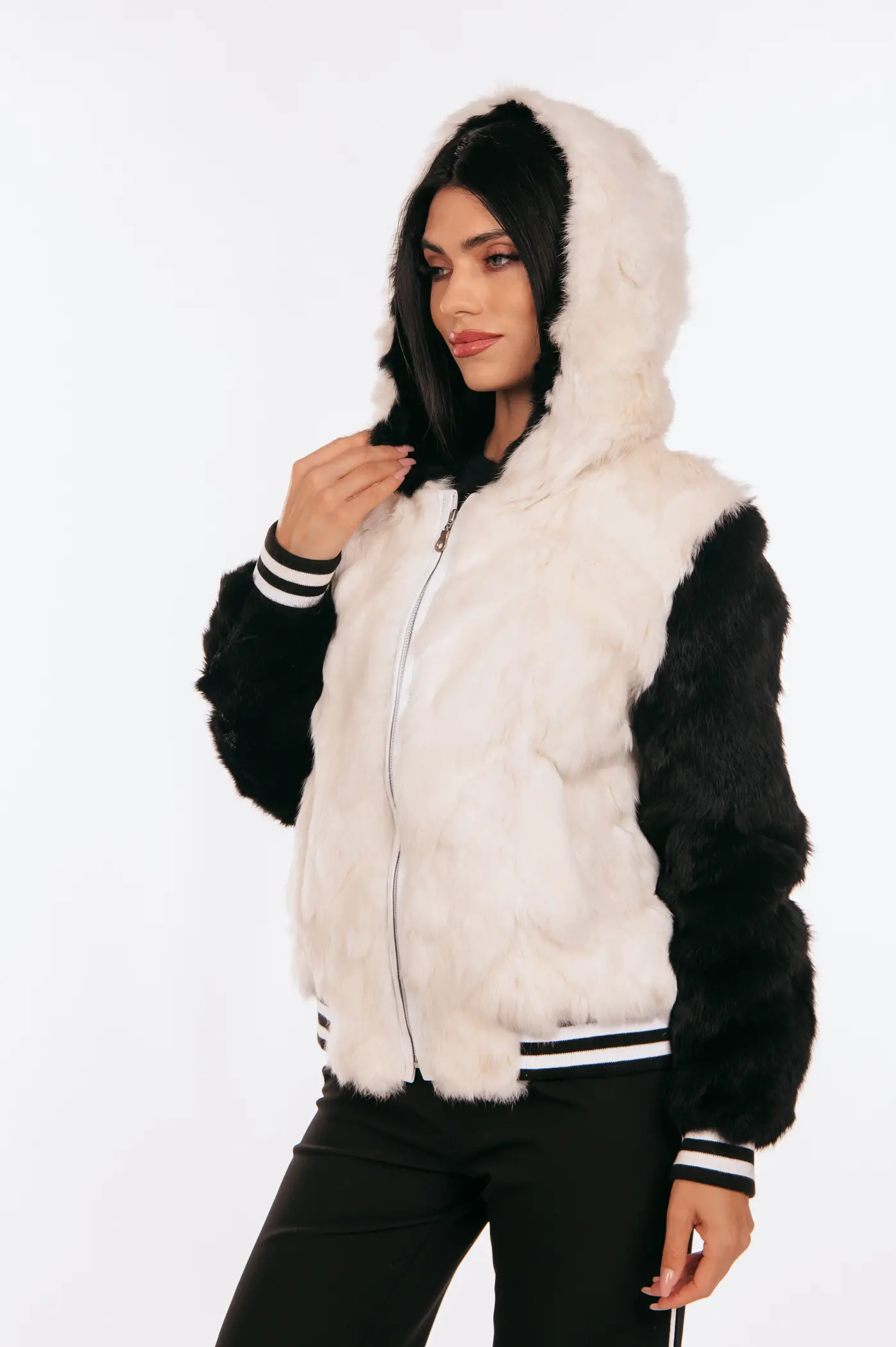 BLACK AND WHITE REX RABBIT FUR JACKET - Image 4