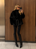 BLACK MINK FUR JACKET WITH A BELT AND A HOOD - Image 2