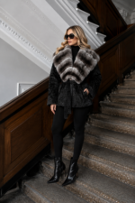BLACK BELTED ASTRAKHAN AND CHINCILLA FUR JACKET