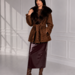 BROWN BELTED ASTRAKHAN AND CHINCILLA FUR JACKET WITH A HOOD