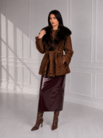 BROWN BELTED ASTRAKHAN AND CHINCILLA FUR JACKET WITH A HOOD