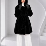 LONG BLACK MINK FUR JACKET WITH A BELT AND A HOOD
