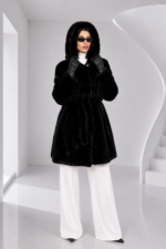 LONG BLACK MINK FUR JACKET WITH A BELT AND A HOOD