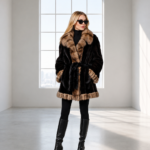 BROWN AND BEIGE MINK FUR JACKET WITH A BELT