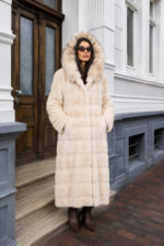 HOODED FULL LENGTH CREAM MINK AND LYNX FUR JACKET