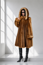 HOODED FULL LENGTH BROWN SABLE FUR JACKET