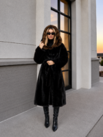 BROWN SABLE AND MINK FUR JACKET WITH A HOOD AND A BELT
