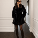 LONG BROWN MINK FUR JACKET WITH A BELT