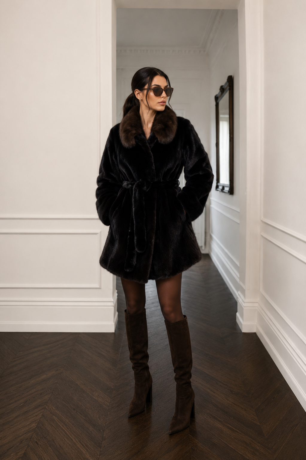 5EF99FB8-D9AF-477A-A2E9-4D7A97B7970E LONG BROWN MINK FUR JACKET WITH A BELT - Image 1