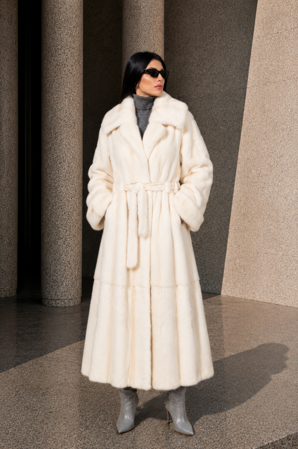 6579A923-FB7D-44CE-B34B-7A6BF2CBF43F FULL LENGTH BELTED CREAM MINK FUR JACKET - Image 1
