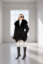BLACK BELTED ASTRAKHAN AND CHINCILLA FUR JACKET WITH A HOOD
