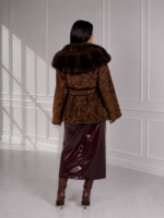BROWN BELTED ASTRAKHAN AND CHINCILLA FUR JACKET WITH A HOOD - Image 2