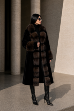 FULL LENGTH BROWN SABLE AND MINK FUR JACKET WITH A BELT