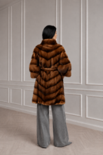 LONG BROWN MINK FUR JACKET WITH A BELT - Image 2
