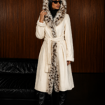 HOODED FULL LENGTH WHITE MINK AND LYNX FUR JACKET WITH A BELT