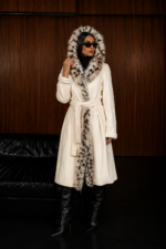 HOODED FULL LENGTH WHITE MINK AND LYNX FUR JACKET WITH A BELT