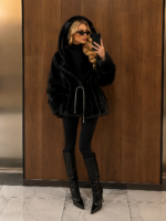 BLACK MINK FUR JACKET WITH A BELT AND A HOOD - Image 3
