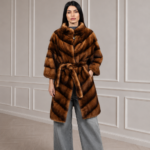 LONG BROWN MINK FUR JACKET WITH A BELT